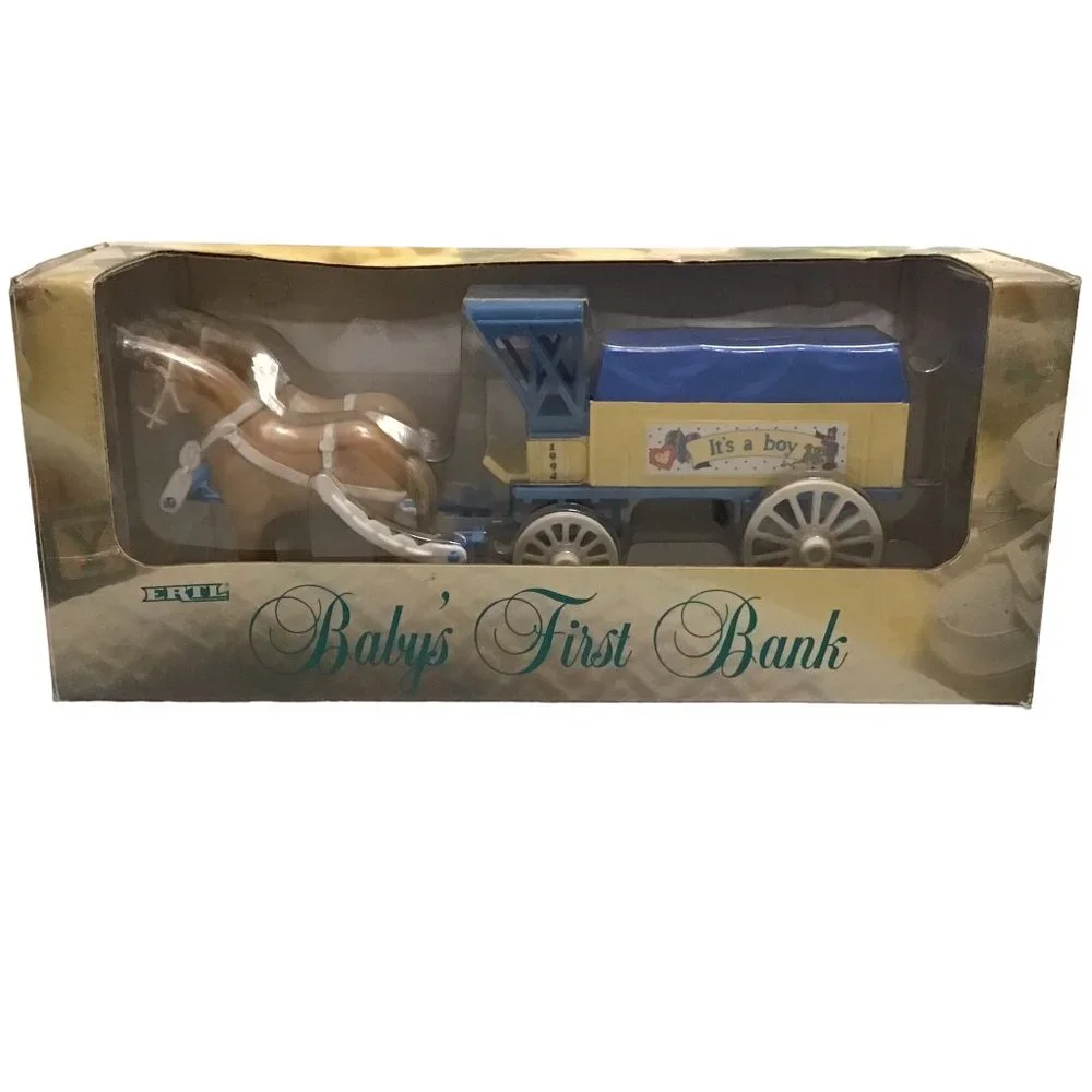 ERTL Diecast Babys First Bank It's A Boy Die Cast Horse Drawn Wagon 1994 New - Picture 1 of 4